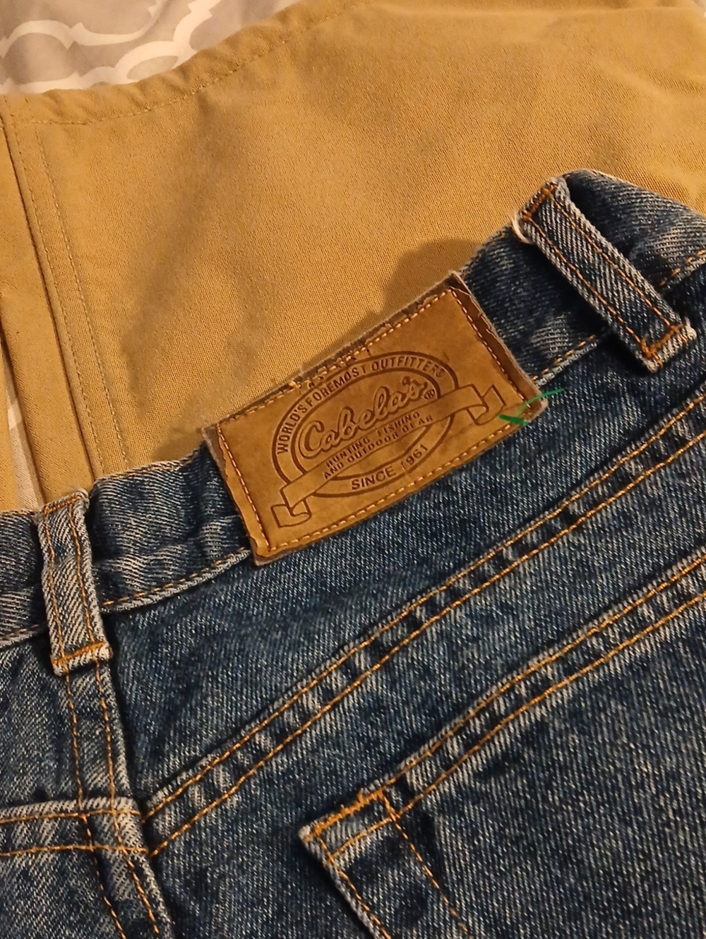 Cabela's Girls Blue Denim, Tan Hunting Jeans with Tan Leather Patch